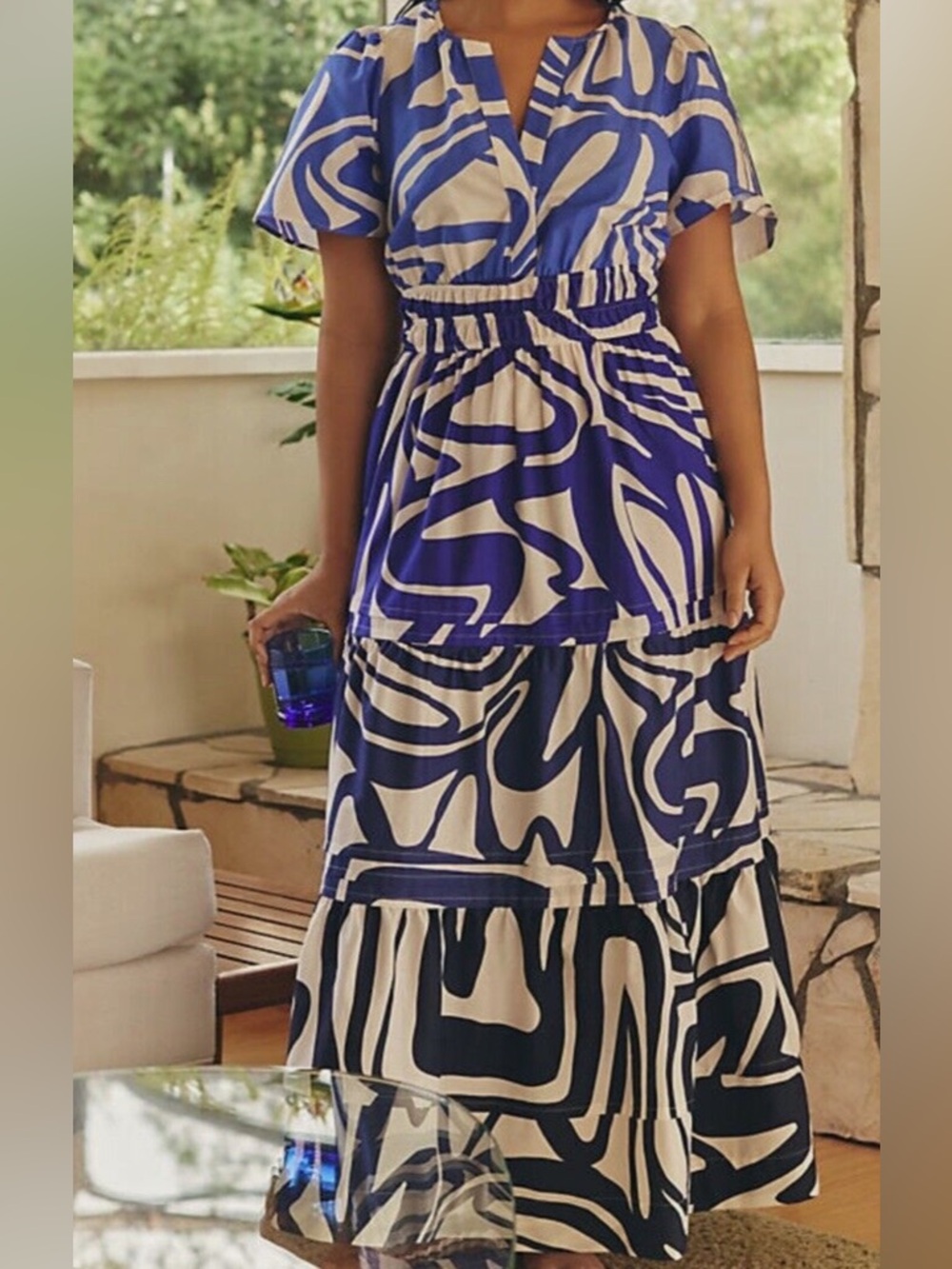 Anthropologie Somerset Blue and White Graphic Abstract Print Dress Petite Large